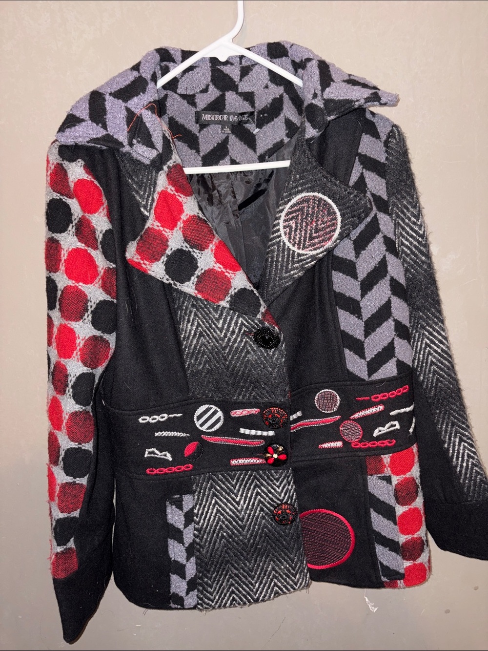 Mixed-Pattern Wool-Blend Pea Coat with Red & Gray Accents
